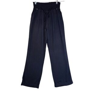 Ci Sono Navy Wide Leg Smocked Waist Drawstring Linen Pants Classic Boho Chic L